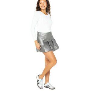 Celebrity Pink Women's Metallic Gunmetal Faux Leather Pleated Skort NEW